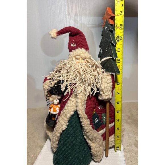 Rustic Santa Claus Tree Topper Figurine Wood Tree & Lantern 14" Quilted Christma - Picture 8 of 8